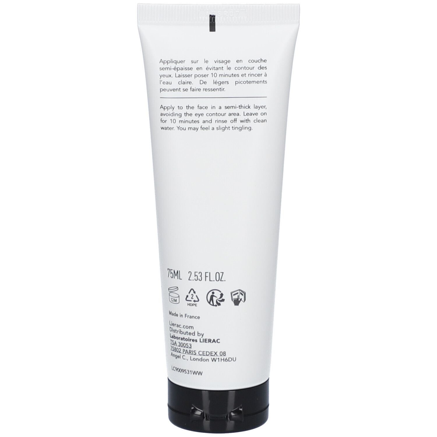 Dos du tube blanc. Texte: Appliquer, 75ml, pictogrammes, Made in France, informations fabricant.