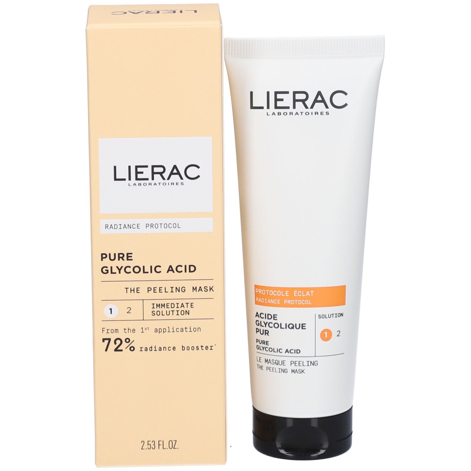 Emballage du produit avec tube et carton. Carton: LIERAC, RADIANCE PROTOCOL, PURE GLYCOLIC ACID, 72% radiance booster, 2.53 FL.OZ.