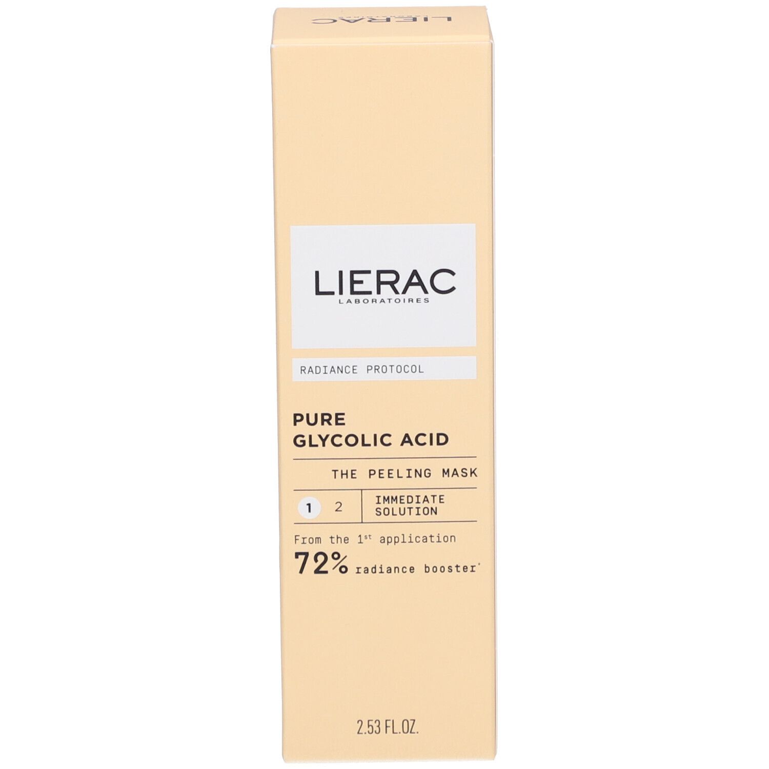 Emballage en carton. Inscriptions: LIERAC, RADIANCE PROTOCOL, PURE GLYCOLIC ACID, 72% radiance booster, 2.53 FL.OZ.
