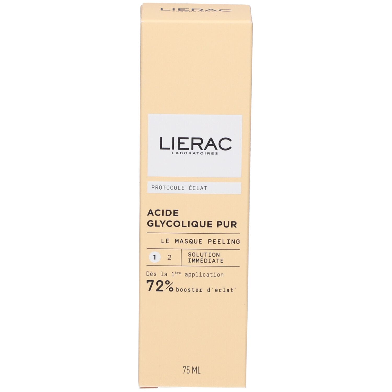 Face avant de l'emballage en carton. Inscriptions: LIERAC, PROTOCOLE ÉCLAT, ACIDE GLYCOLIQUE PUR, 75 ml.