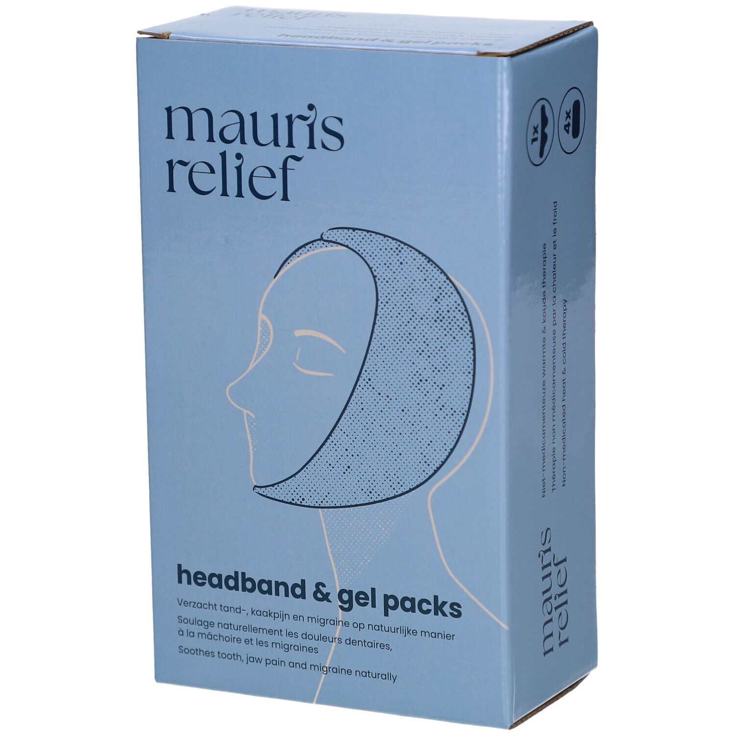 Hellblaue Verpackung mit Produktabbildung. Schriftzug: mauri's relief. Text: headband & gel packs. Enthält Stirnband und Gelpacks.