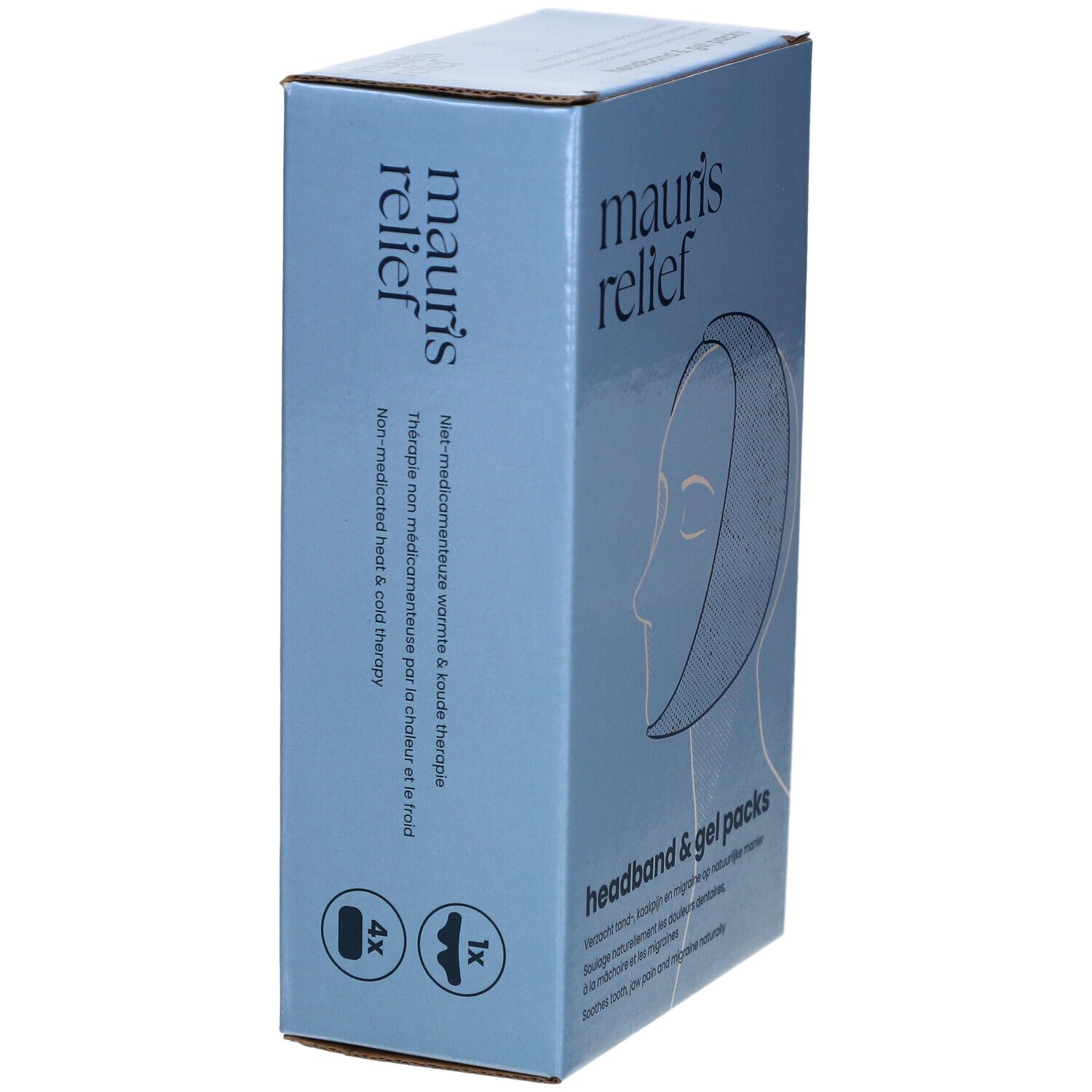 Hellblaue Verpackung mit Produktabbildung. Schriftzug: mauri's relief. Text: headband & gel packs. Enthält Stirnband und Gelpacks.