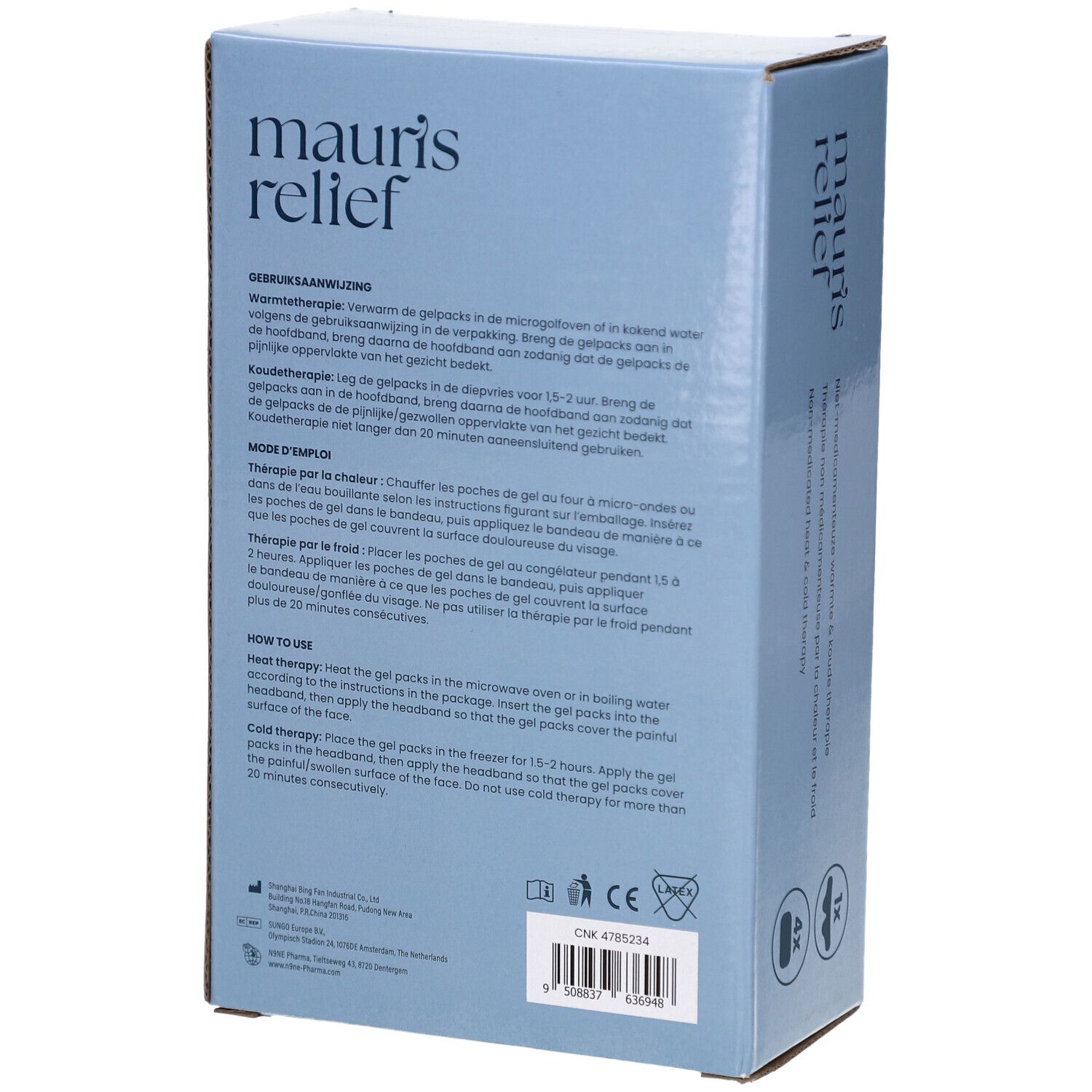 Rückseite der hellblauen Verpackung. Text: Gebrauchsanweisung. Enthält Informationen zur Anwendung des Produkts.