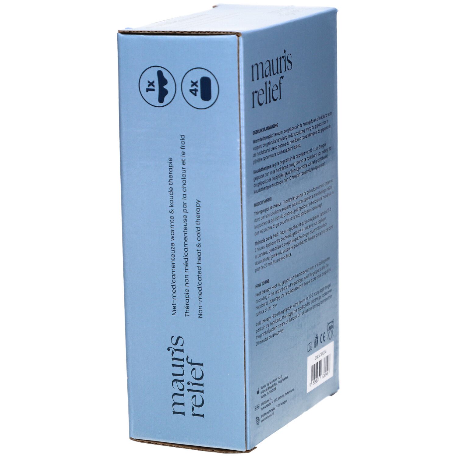 Hellblaue Verpackung. Schriftzug: mauri's relief. Text: Nicht-medikamentöse Wärme- & Kältetherapie. Enthält 1 Stirnband und 4 Gelpacks.