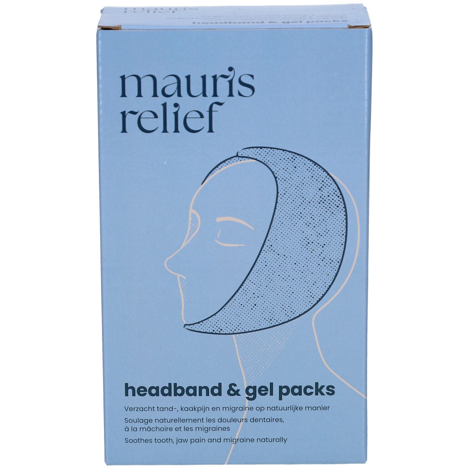 Hellblaue Verpackung mit Produktabbildung. Schriftzug: mauri's relief. Text: headband & gel packs. Enthält Stirnband und Gelpacks.