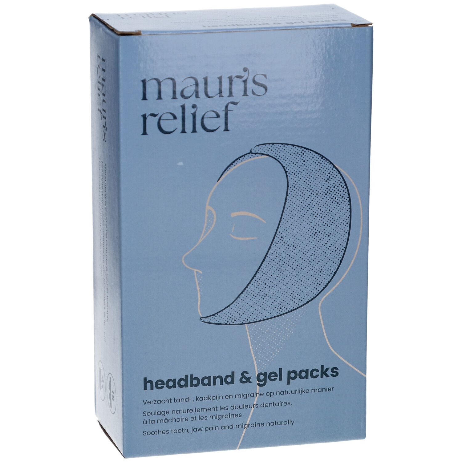 Hellblaue Verpackung mit Produktabbildung. Schriftzug: mauri's relief. Text: headband & gel packs. Enthält Stirnband und Gelpacks.