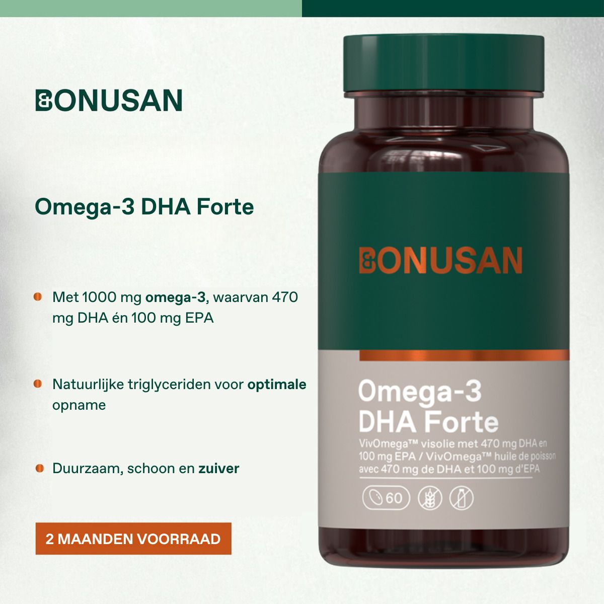 Braune Flasche mit grüner Kappe. Aufschrift: Omega-3 DHA Forte. Marke: BONUSAN. Enthält 60 Kapseln. Text in Niederländisch.