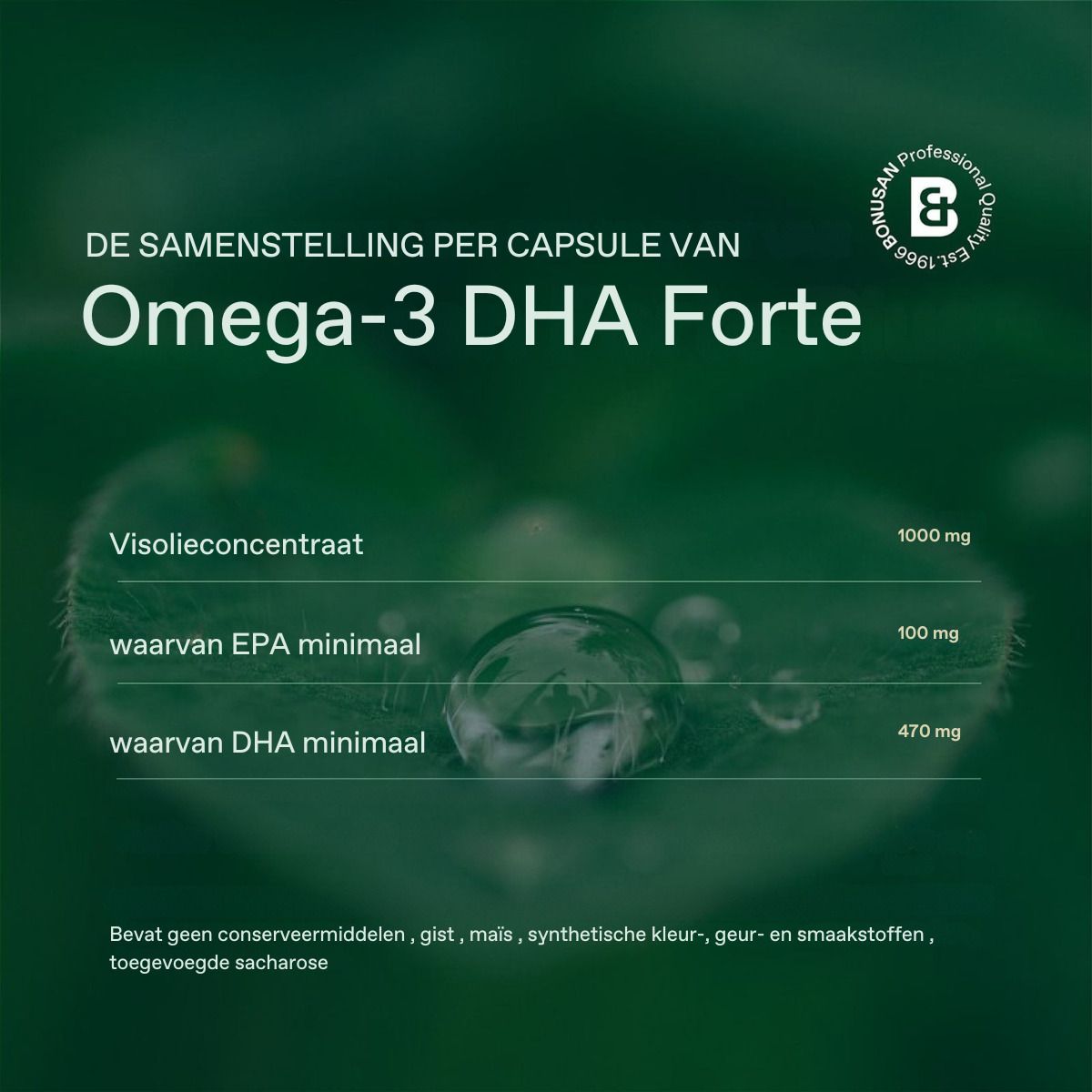 Zusammensetzung pro Kapsel von Omega-3 DHA Forte. Tropfen, Text in Niederländisch. 1000mg, 100mg, 470mg.