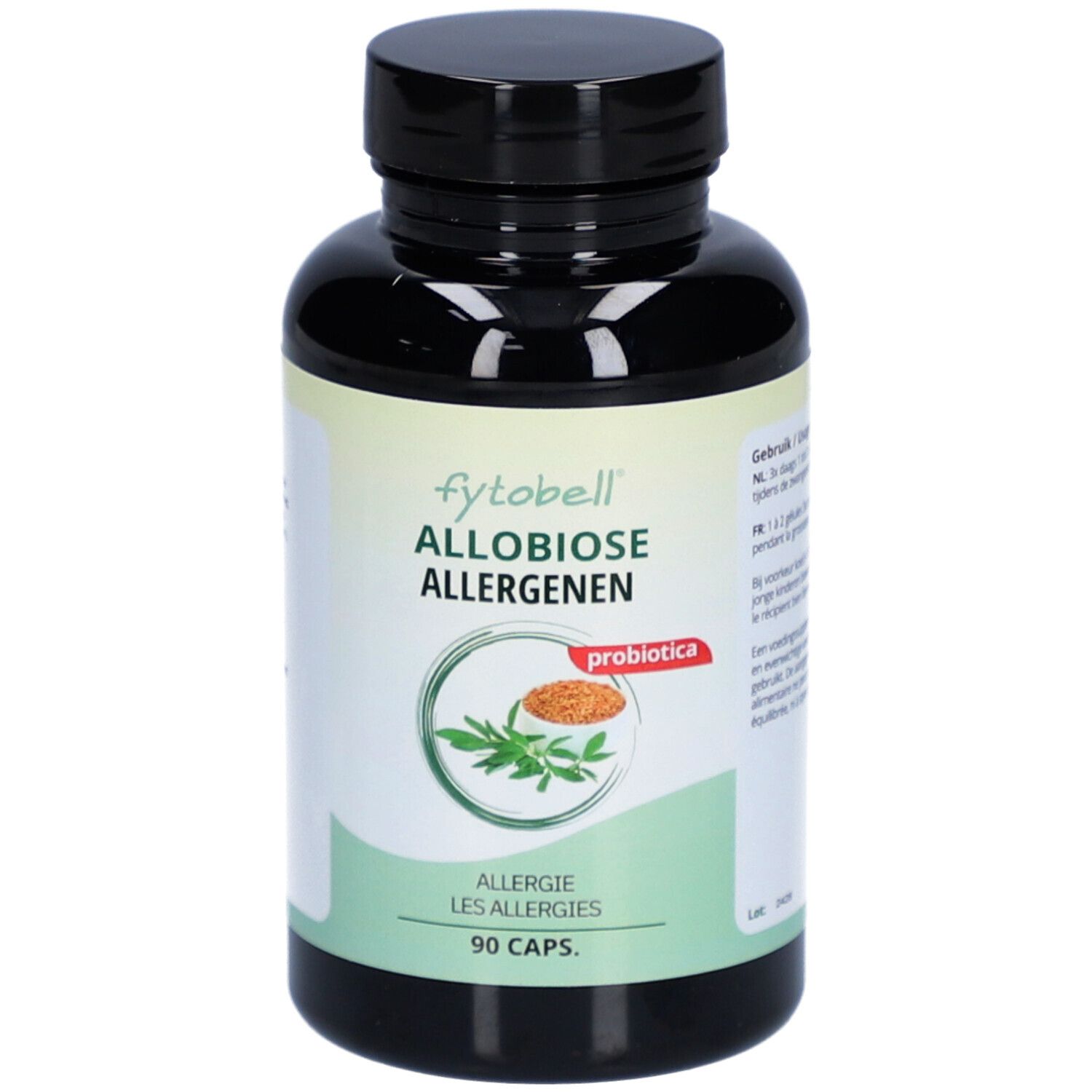 Schwarze Flasche mit 'fytobell allobiose allergenen'. Enthält 90 Kapseln. Mit Logo und Text in Niederländisch.