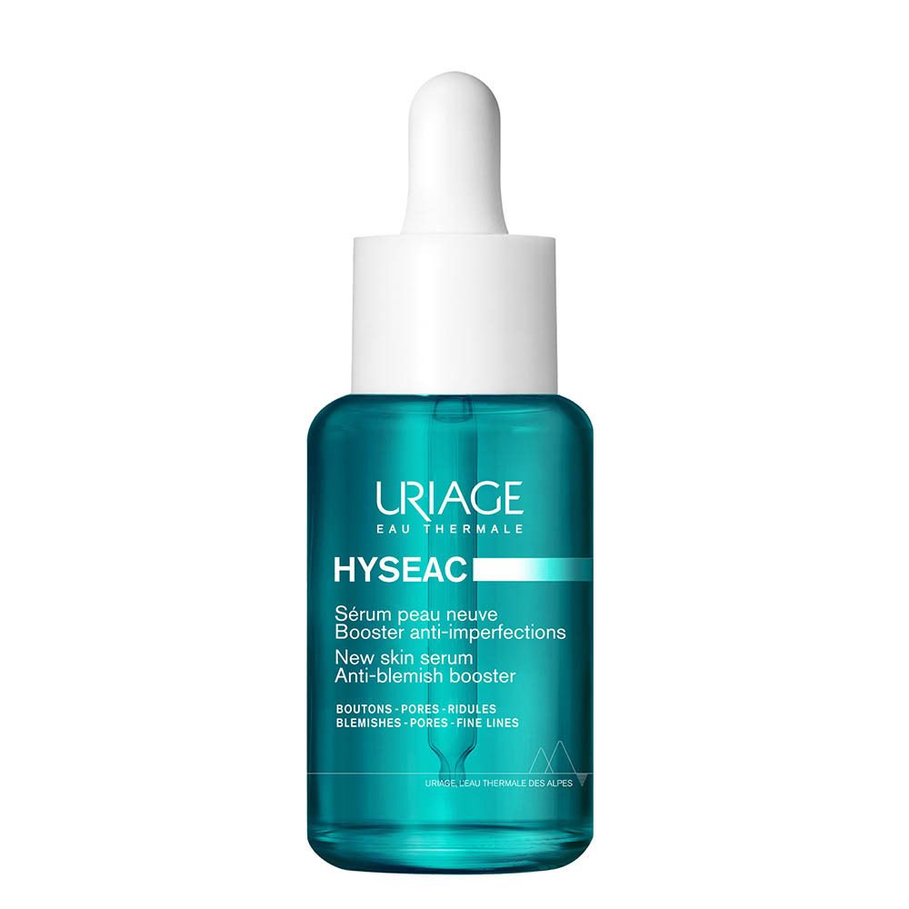 Sérum Uriage Hyséac. Flacon bleu avec pipette. Étiquette avec texte.