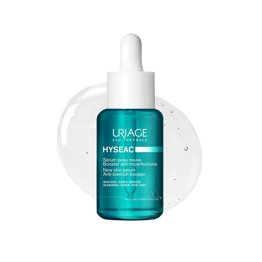 Sérum Uriage Hyséac. Flacon bleu avec bouchon blanc. Étiquette avec texte.