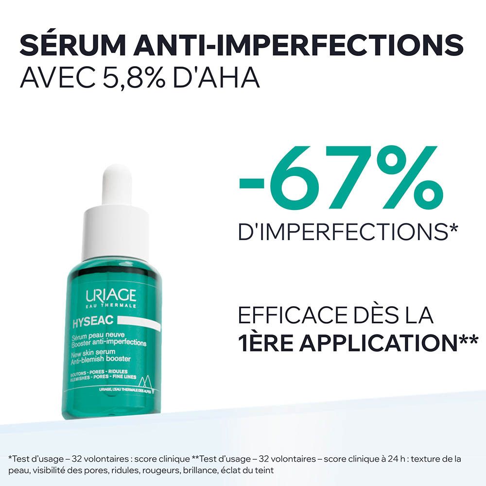 Sérum Uriage Hyséac. Flacon avec bouchon blanc. Étiquette avec texte.
