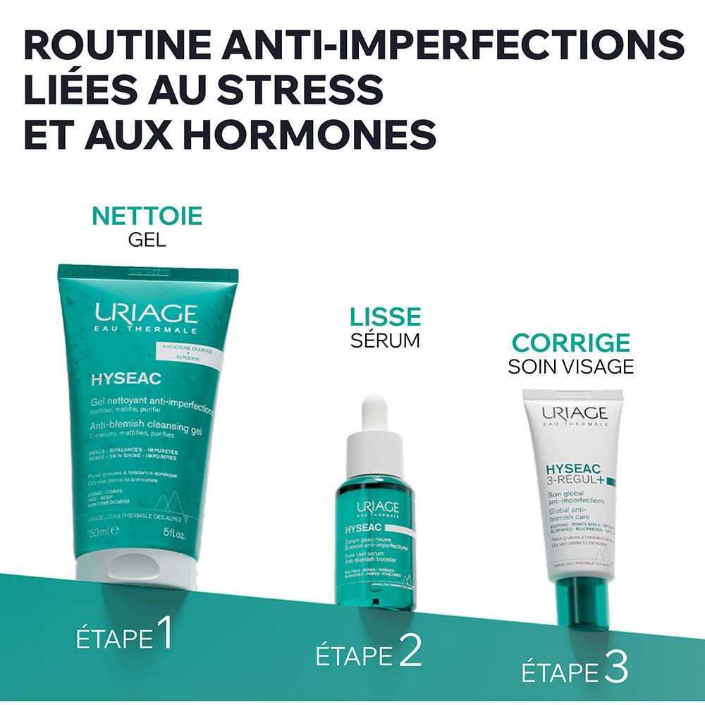Sérum Uriage Hyséac et emballage. Étiquette avec texte.