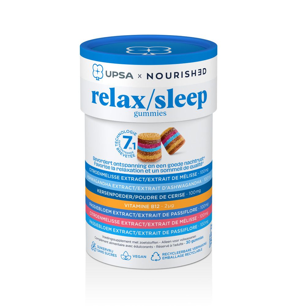 Zylinderdose mit 'relax/sleep gummies'. Blaue Deckel, weißer Behälter. Produktabbildung und Inhaltsstoffe.