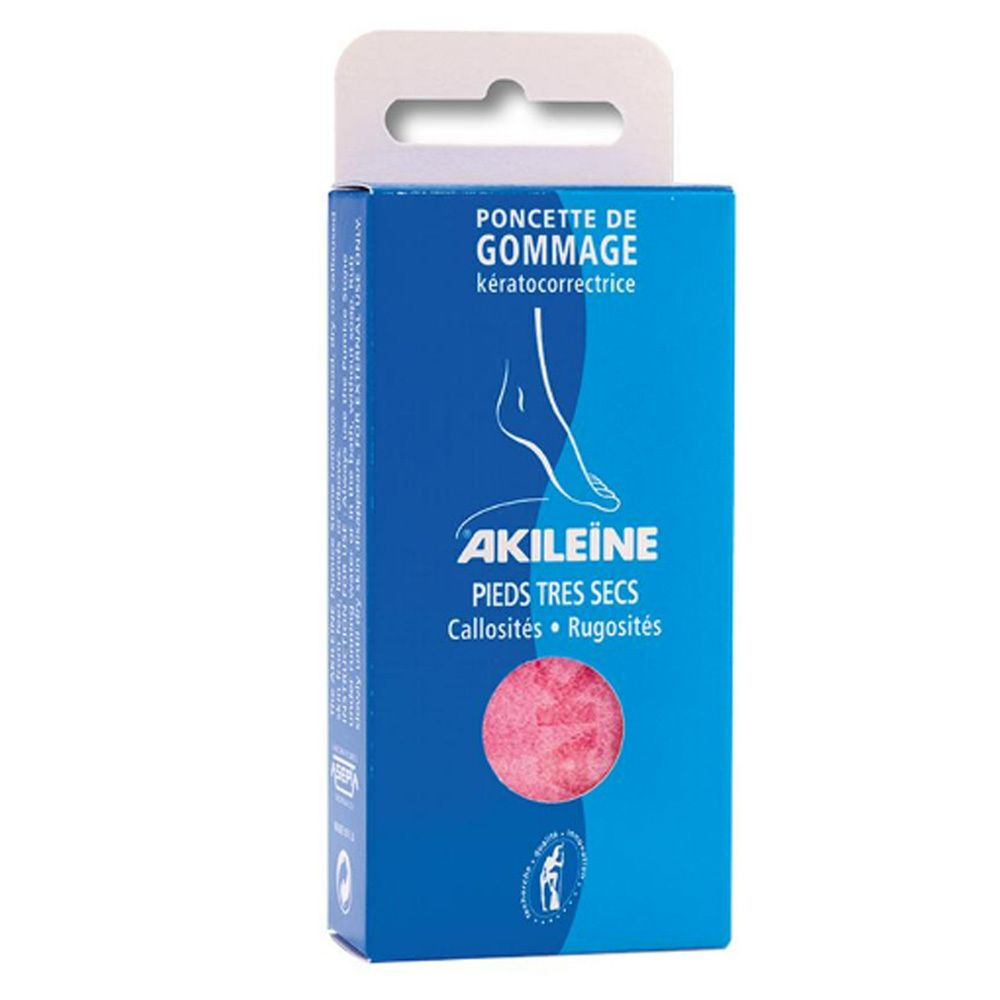 Boîte bleue Akileine® Poncette de Gommage. Éponge rose, illustration de pied. Texte: Pieds très secs, Callosités, Rugosités.