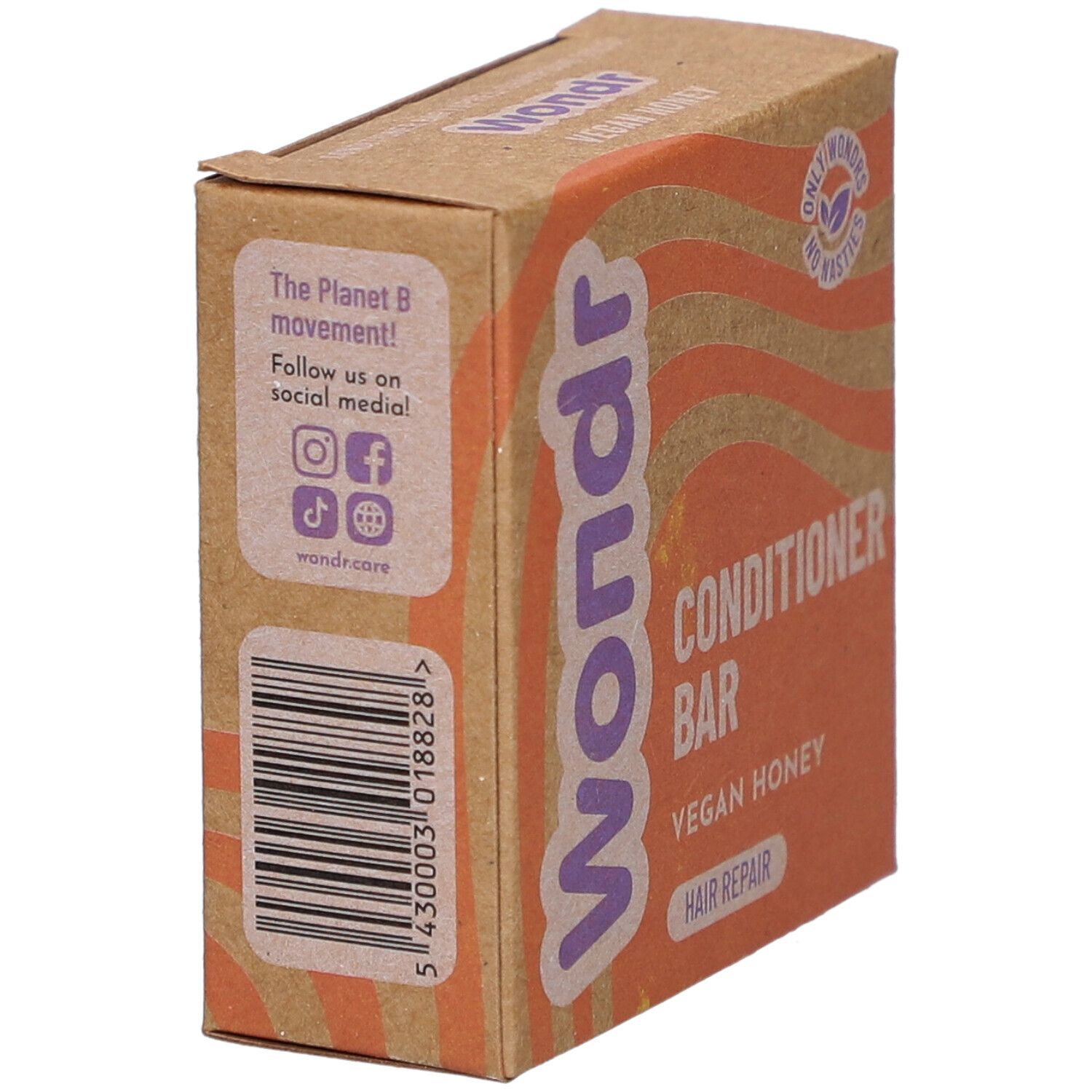 Kartonverpackung mit Produktnamen und -bezeichnung. Aufschrift: Wondr Conditioner Bar Vegan Honey Hair Repair. Barcode.