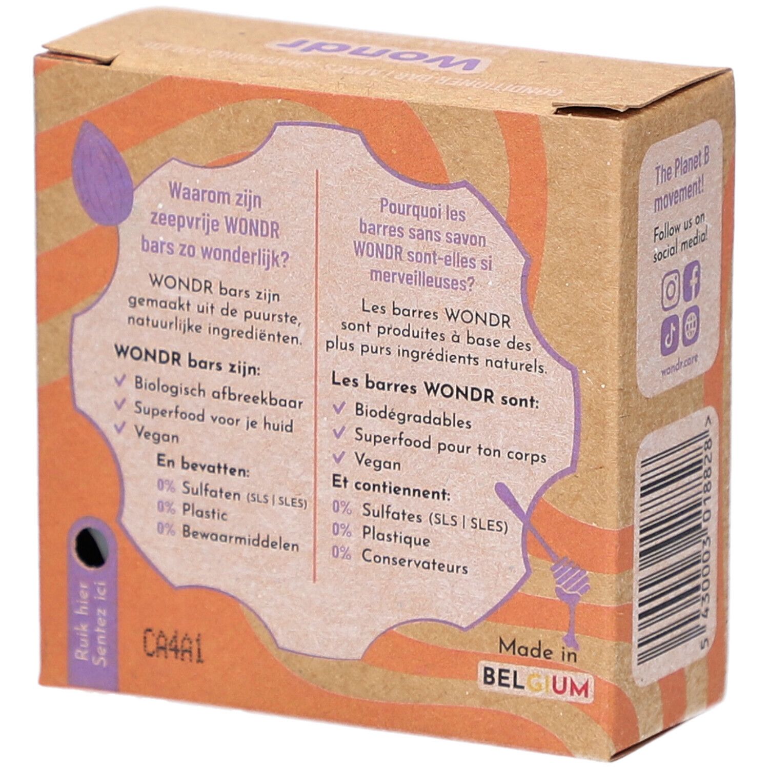 Rückseite der Kartonverpackung. Text in Deutsch und Französisch. Enthält Informationen über Inhaltsstoffe und Zertifizierungen.