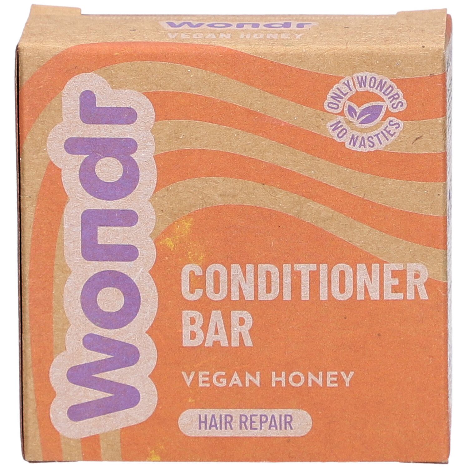Kartonverpackung mit Produktnamen und -bezeichnung. Aufschrift: Wondr Conditioner Bar Vegan Honey Hair Repair.