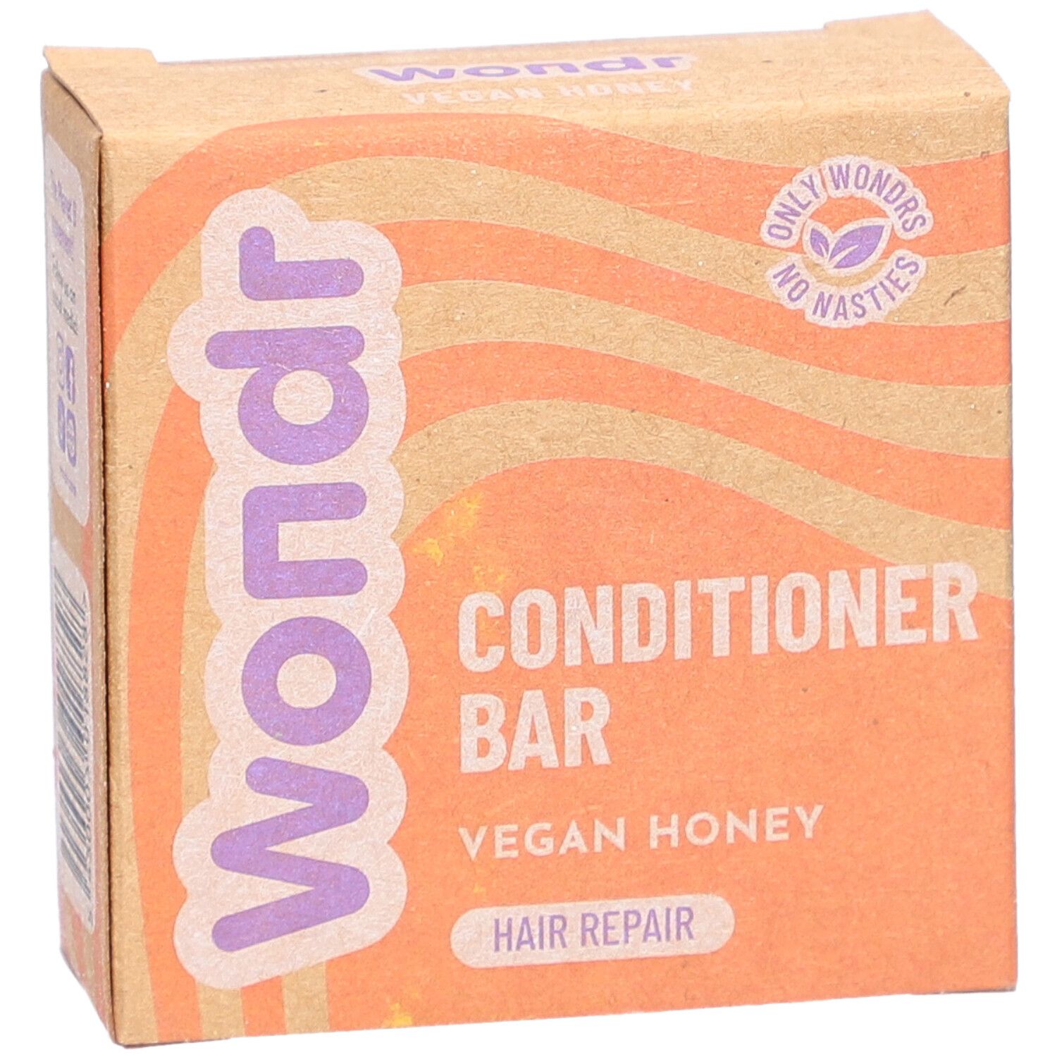 Kartonverpackung mit Produktnamen und -bezeichnung. Aufschrift: Wondr Conditioner Bar Vegan Honey Hair Repair.