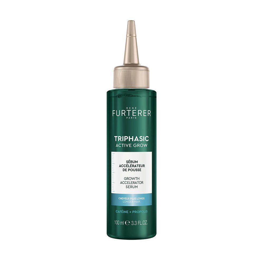 Grüne Flasche mit Serum. Aufschrift: Triphasic Active Grow, Growth Accelerator Serum.