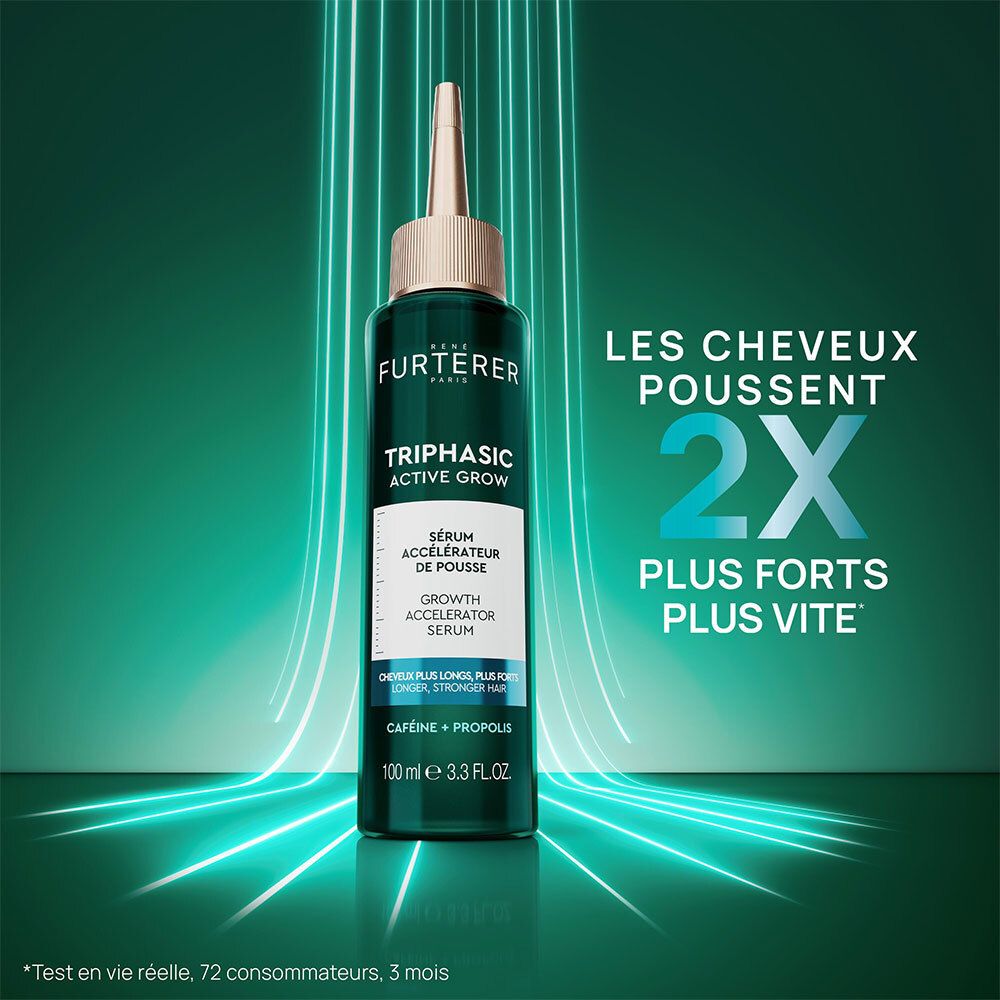 Flasche mit Serum. Text: Les cheveux poussent 2x plus forts plus vite.