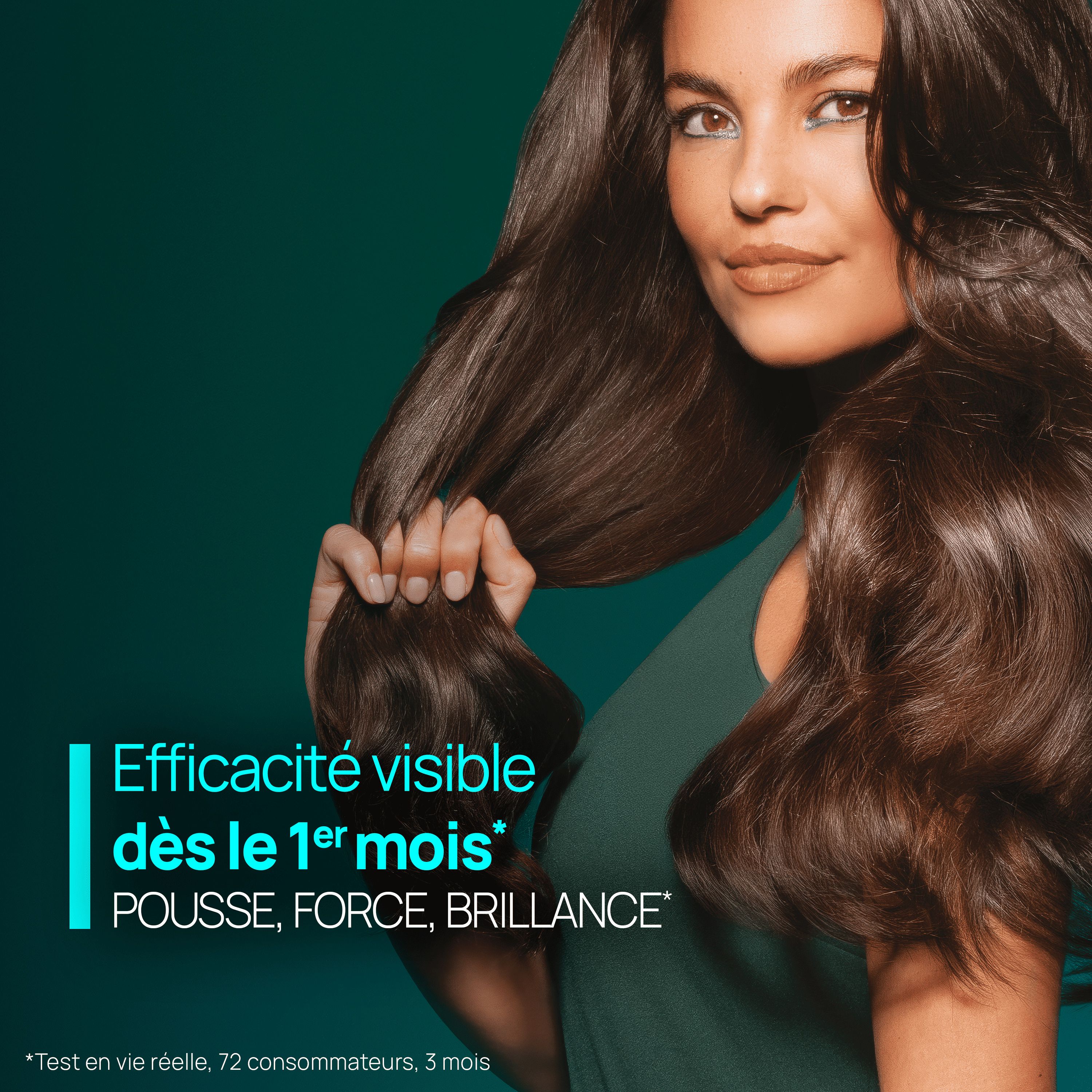 Main avec sérum. Texte: Texture fine, toucher sec, Formule légère, fini invisible.