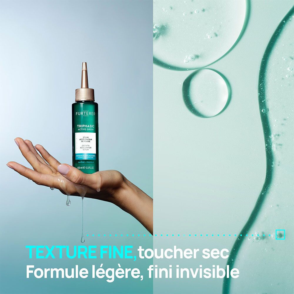 Hand mit Serum. Text: Texture fine, toucher sec, Formule légère, fini invisible.