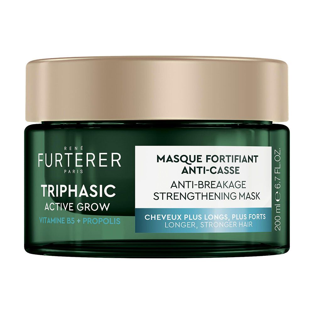 Dunkelgrüner Tiegel mit goldfarbenem Deckel. Aufschrift: Triphasic Active Grow, Masque Fortifiant Anti-casse.