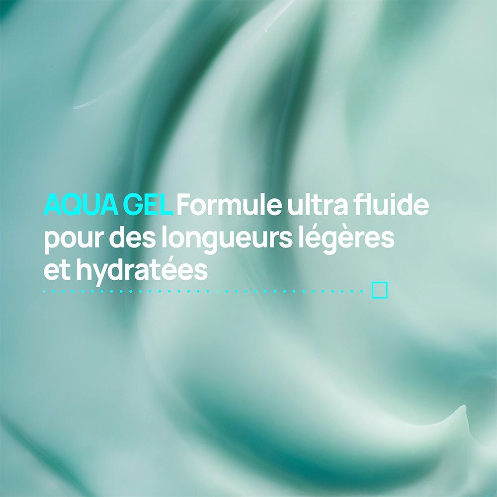 Nahaufnahme einer türkisfarbenen, cremigen Textur. Text: Aqua Gel, Formule ultra fluide.