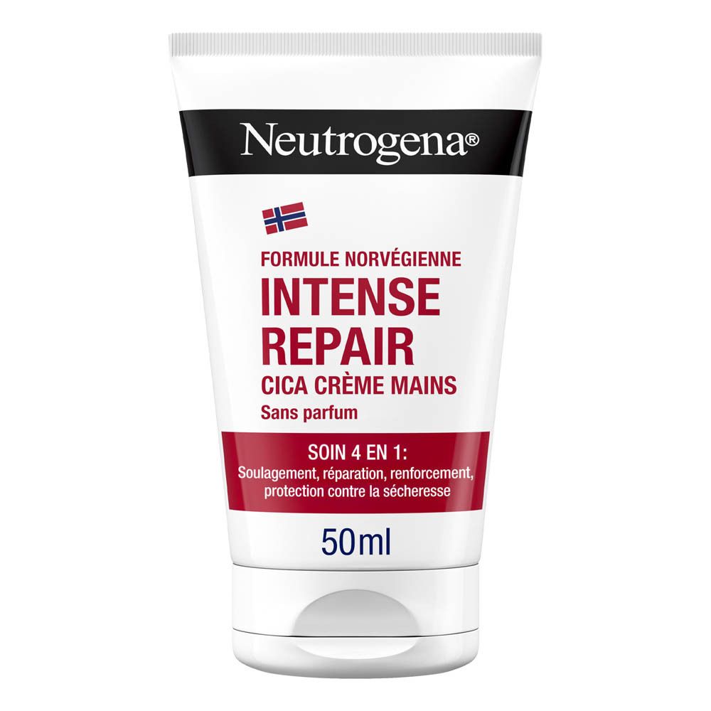 Neutrogena Intense Repair Cica Handcreme Unparfümiert. Tube mit weißem Deckel und roter Schrift. 50ml.