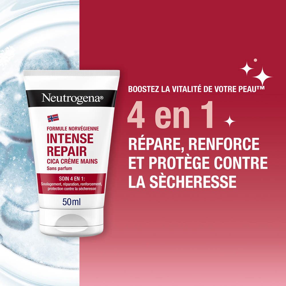 Tube de Neutrogena Intense Repair Cica Crème Mains sur fond rouge. 4 en 1: Répare, renforce, protège.