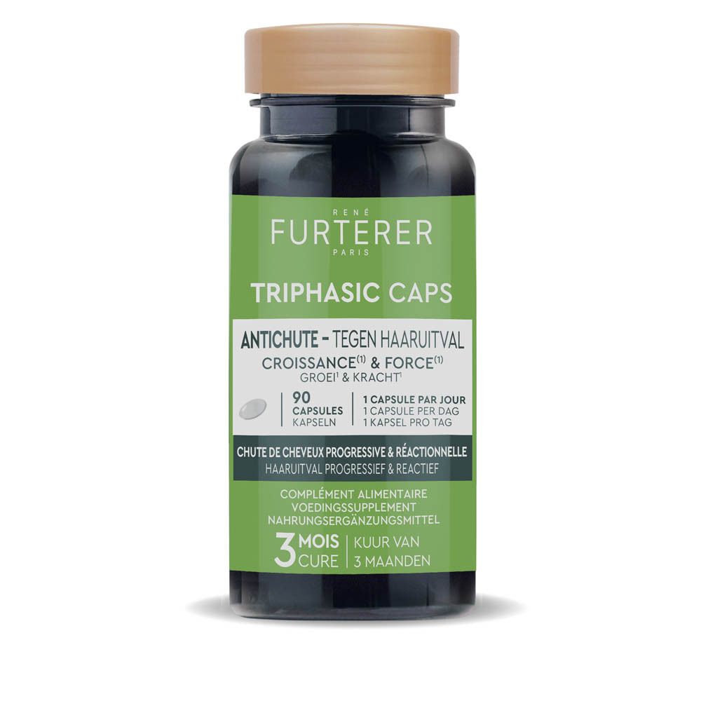 Flacon de capsules. Inscription: René Furterer Triphasic Caps Antichute. 90 capsules. Cure de 3 mois.