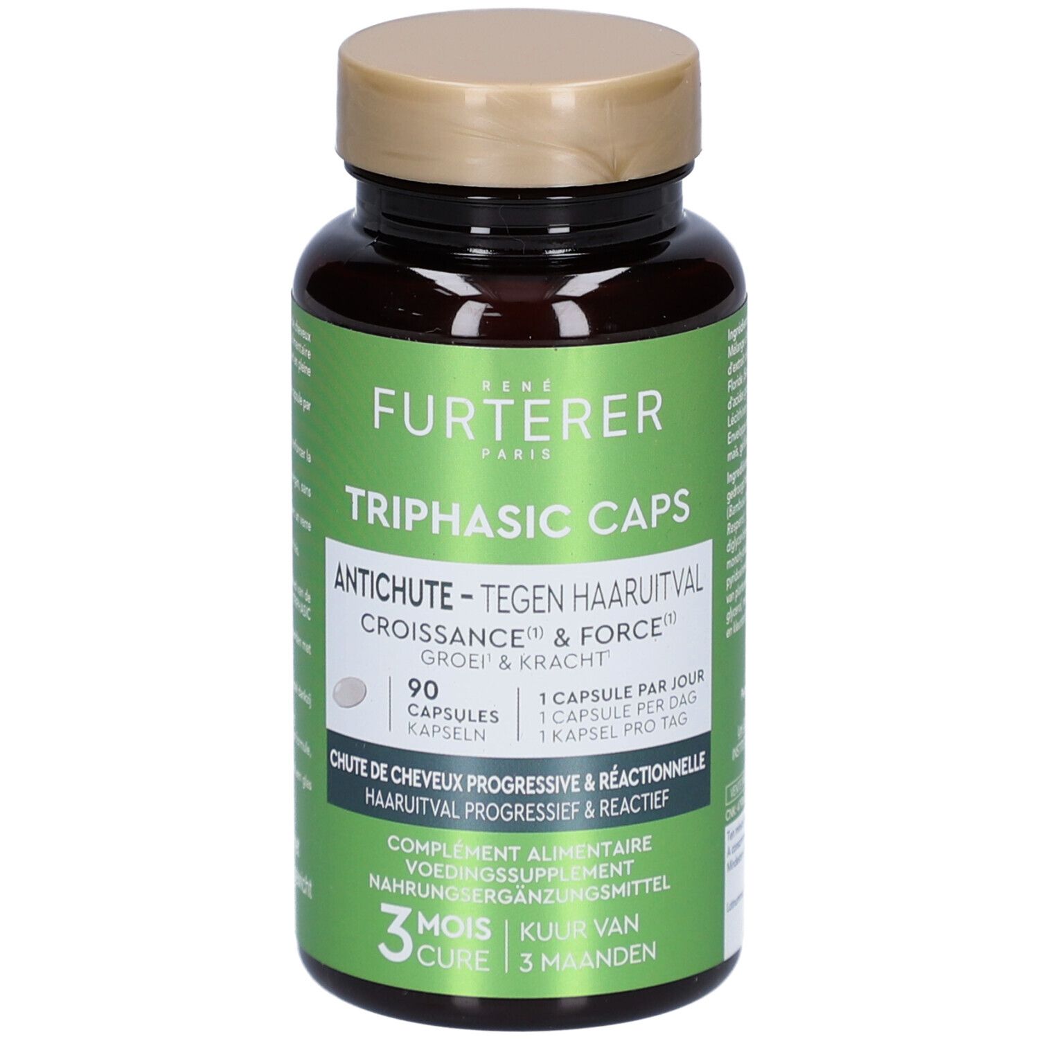 Braune Flasche mit Kapseln. Aufschrift: René Furterer Triphasic Caps Antichute. 90 Kapseln.