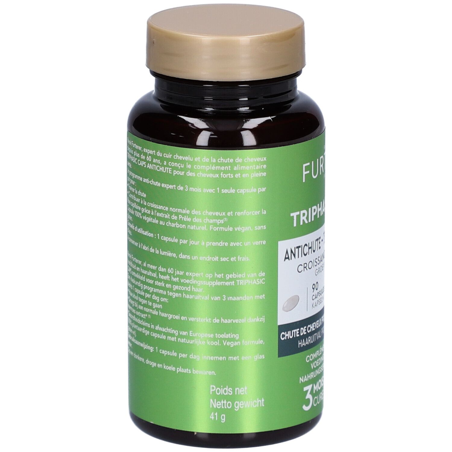 Rückseite der Flasche. Text in mehreren Sprachen. Nettogewicht 41 g.