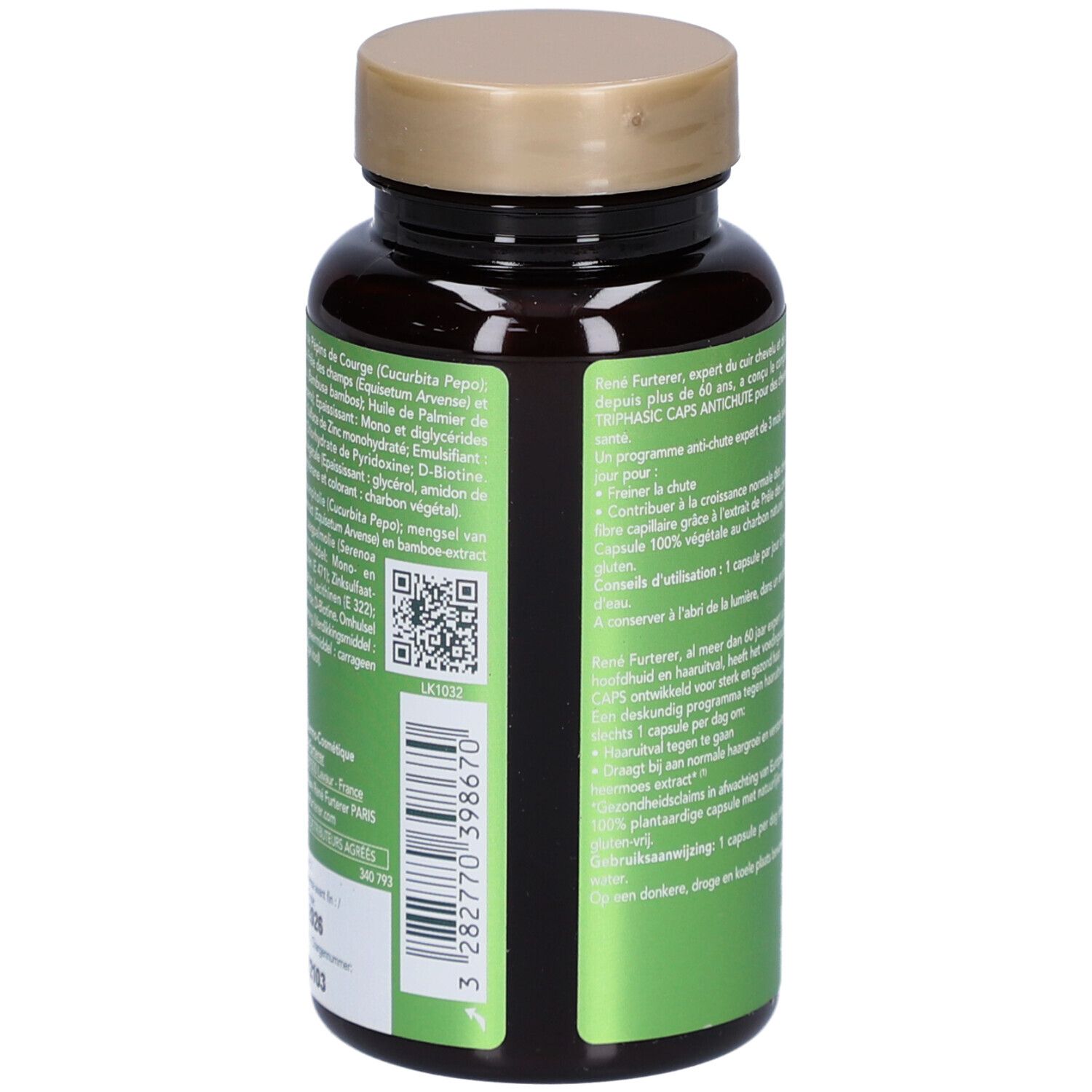 Rückseite der Flasche. Zutatenliste und QR-Code. Text in mehreren Sprachen.