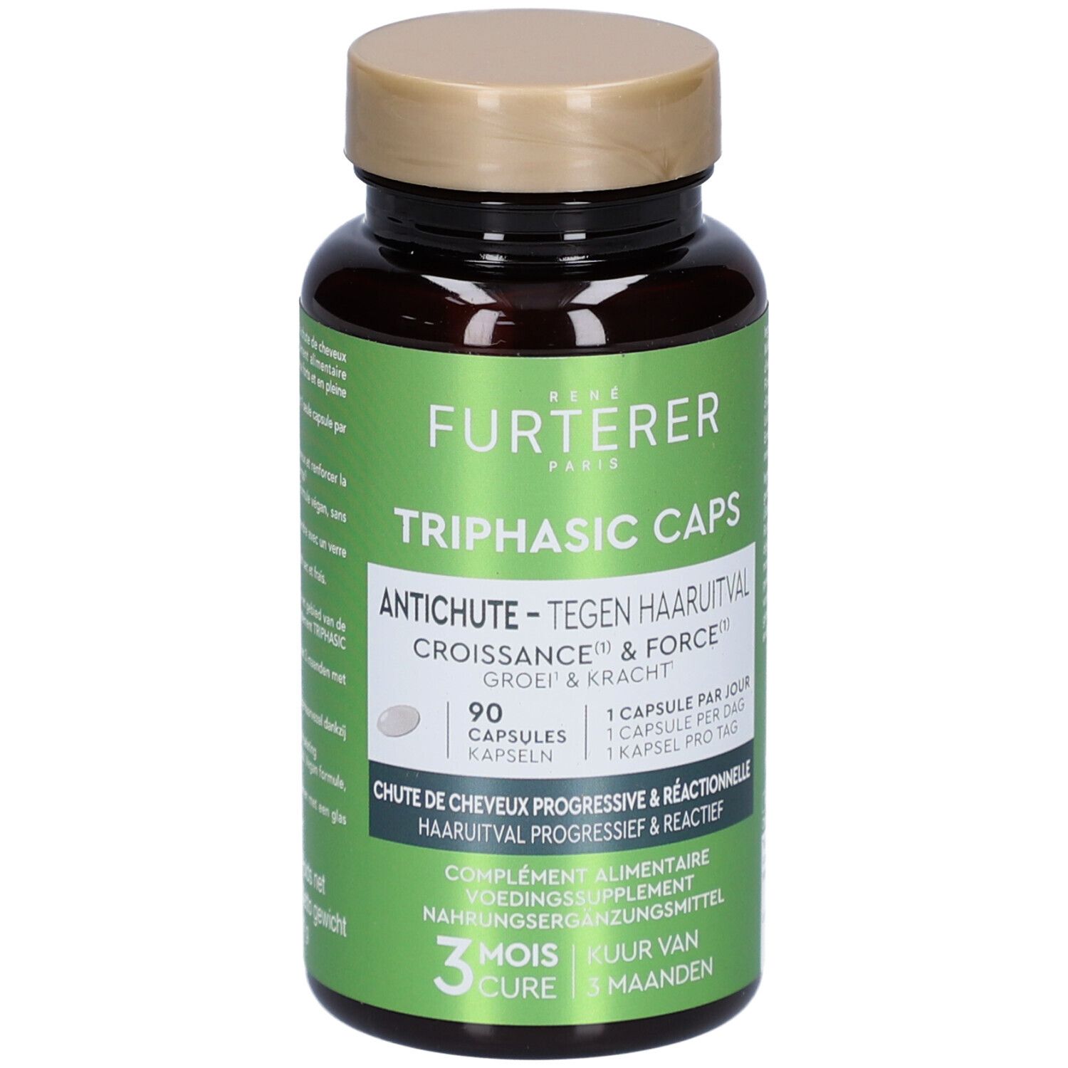 Dunkle Flasche mit Kapseln. Aufschrift: René Furterer Triphasic Caps Antichute. 90 Kapseln. 3 Monate Kur.