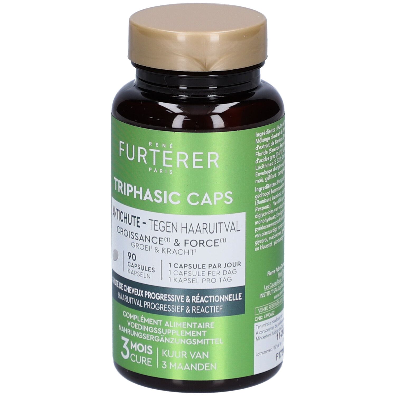 Braune Flasche mit Kapseln. Aufschrift: René Furterer Triphasic Caps Antichute. 90 Kapseln.