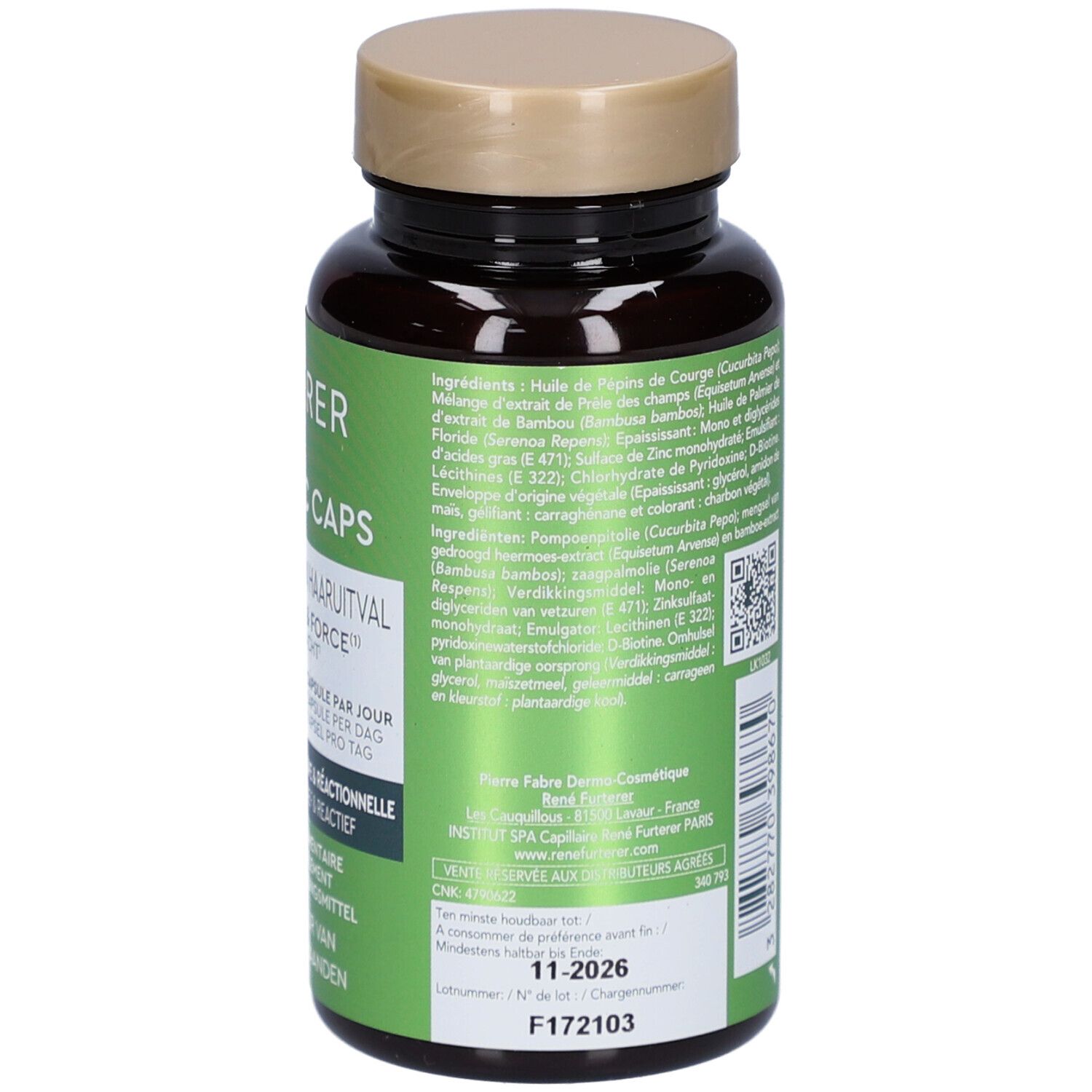 Rückseite der Flasche. Zutatenliste und QR-Code. Text in mehreren Sprachen.