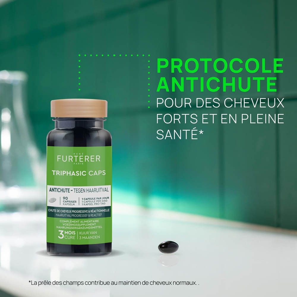 Flacon et capsule. Texte: Protocole antichute. Pour des cheveux forts et en pleine santé.