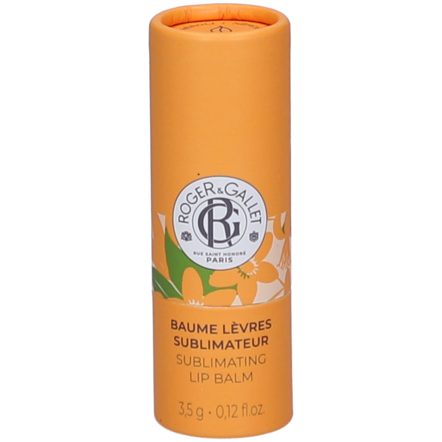 Zylindrische, orangefarbene Verpackung. Aufschrift: Roger & Gallet, Baume Lèvres, Sublimating Lip Balm. 3,5g - 0,12 fl oz.
