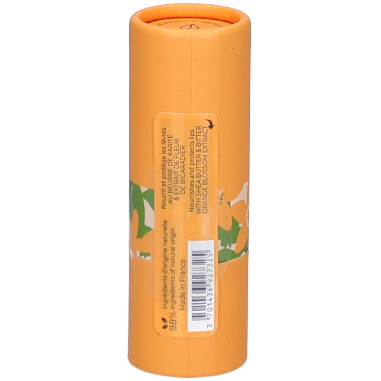Zylindrische, orangefarbene Verpackung. Aufkleber mit Text: Inhaltsstoffe, Herkunft. 98% Inhaltsstoffe natürlichen Ursprungs.