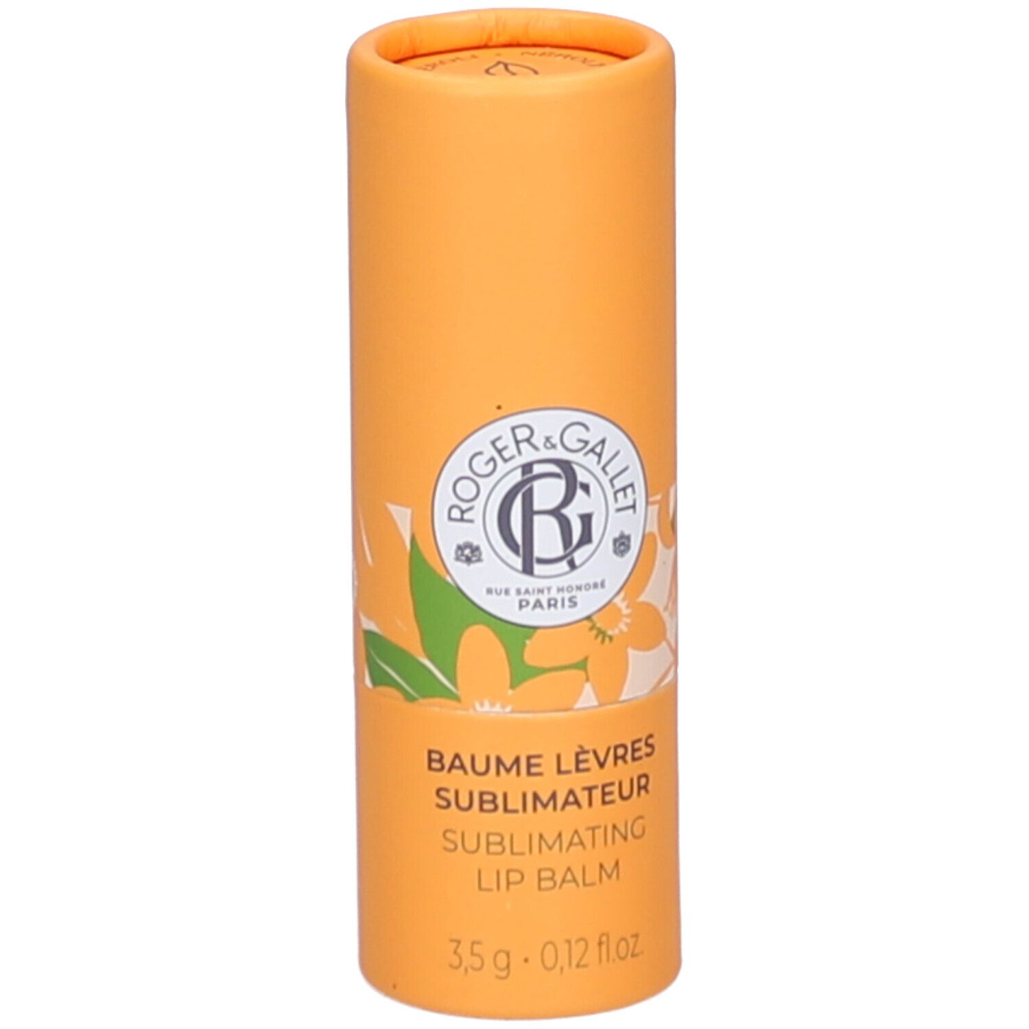 Zylindrische, orangefarbene Verpackung. Aufschrift: Roger & Gallet, Baume Lèvres, Sublimating Lip Balm. 3,5g - 0,12 fl oz.