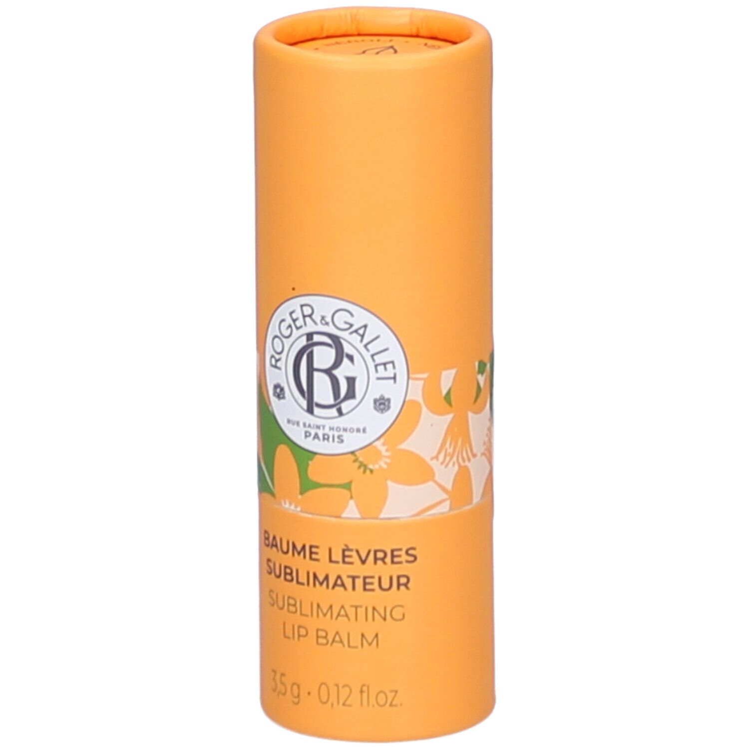 Zylindrische, orangefarbene Verpackung. Aufschrift: Roger & Gallet, Baume Lèvres, Sublimating Lip Balm. 3,5g - 0,12 fl oz.
