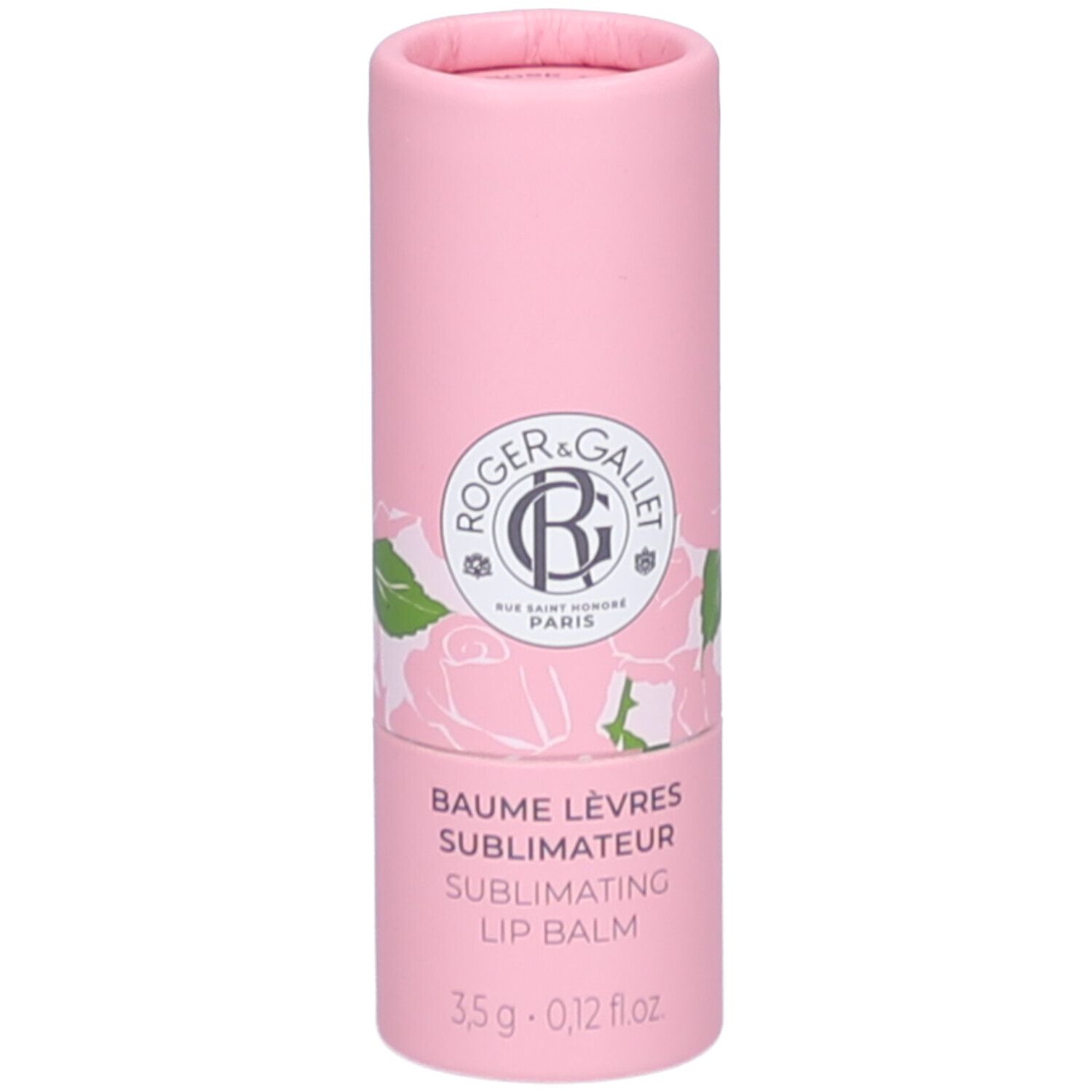 Rosa zylindrische Verpackung. Aufschrift: Roger&Gallet, Baume Lèvres, 3,5g. Rosen-Dekor.
