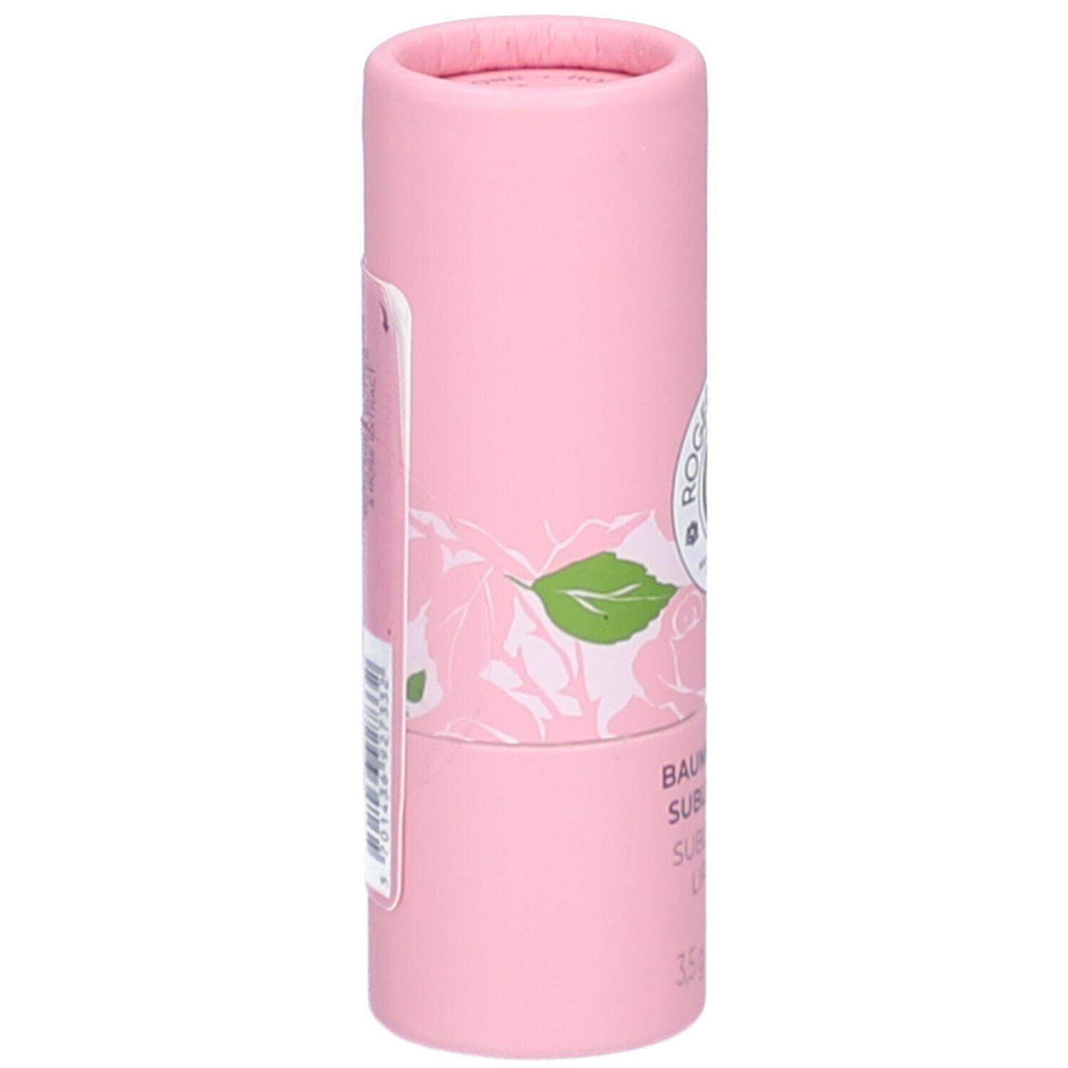 Rosa zylindrische Verpackung. Aufschrift: Roger&Gallet, Baume Lèvres, 3,5g. Rosen-Dekor.