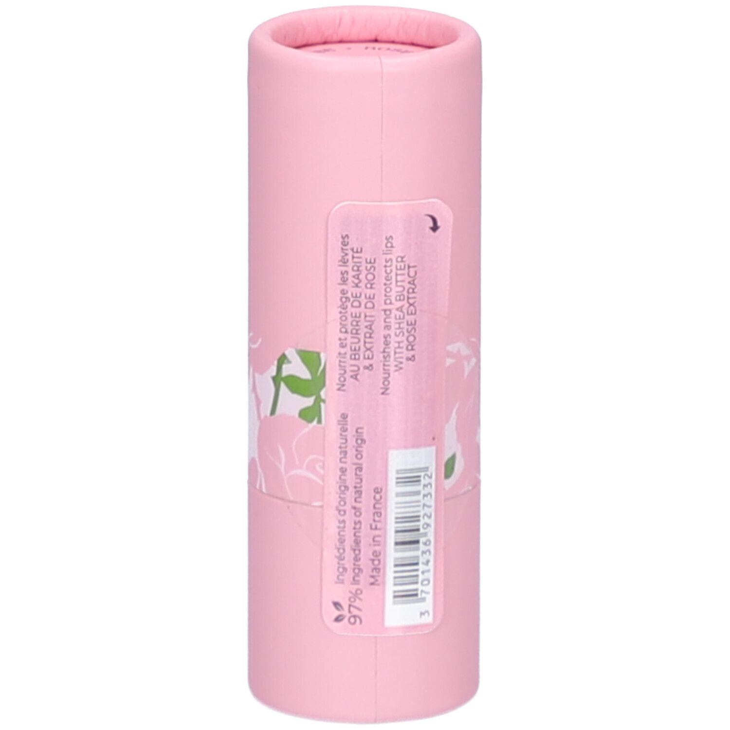 Rosa zylindrische Verpackung. Aufschrift: Roger&Gallet, Baume Lèvres, 3,5g. Rosen-Dekor.