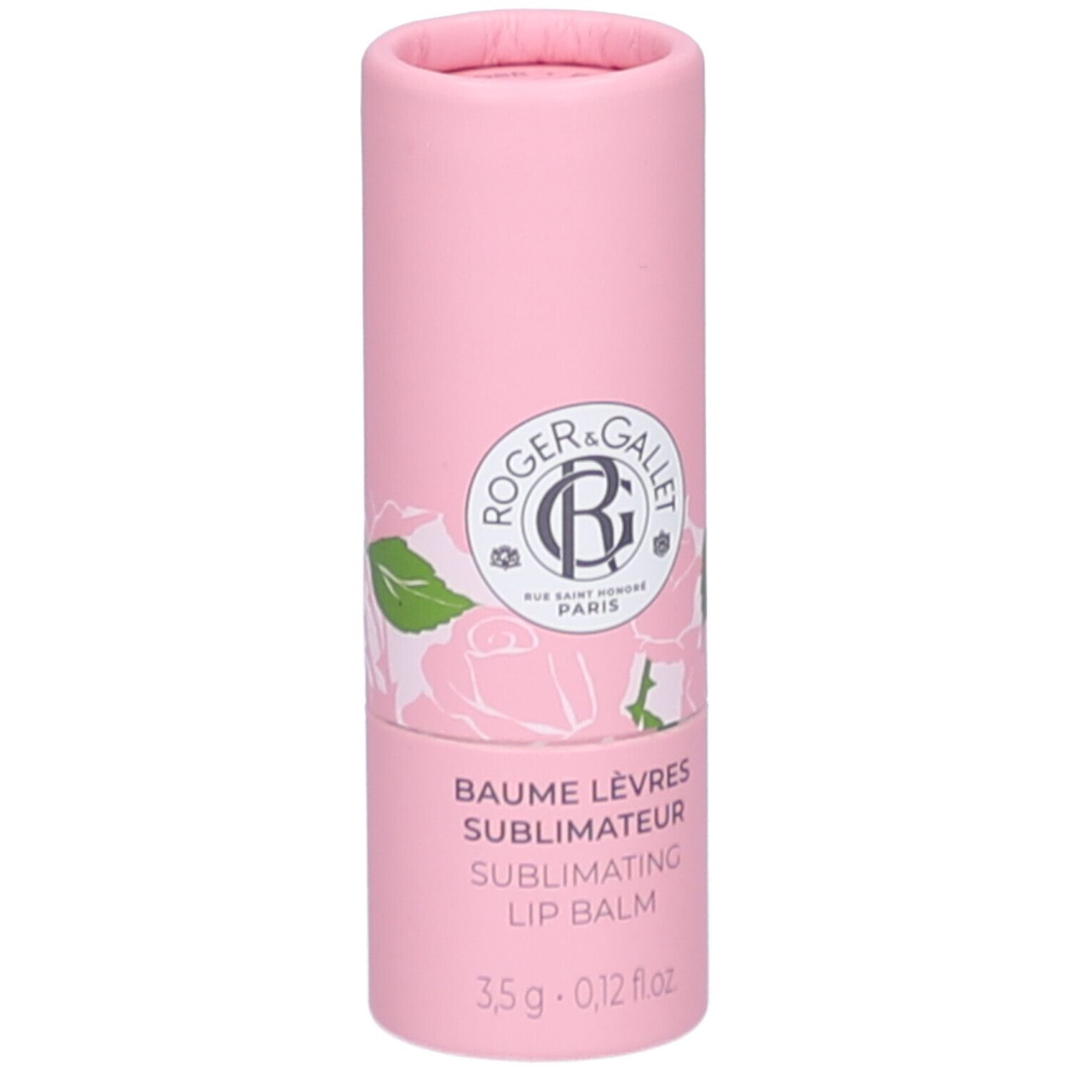 Rosa zylindrische Verpackung. Aufschrift: Roger&Gallet, Baume Lèvres, 3,5g. Rosen-Dekor.