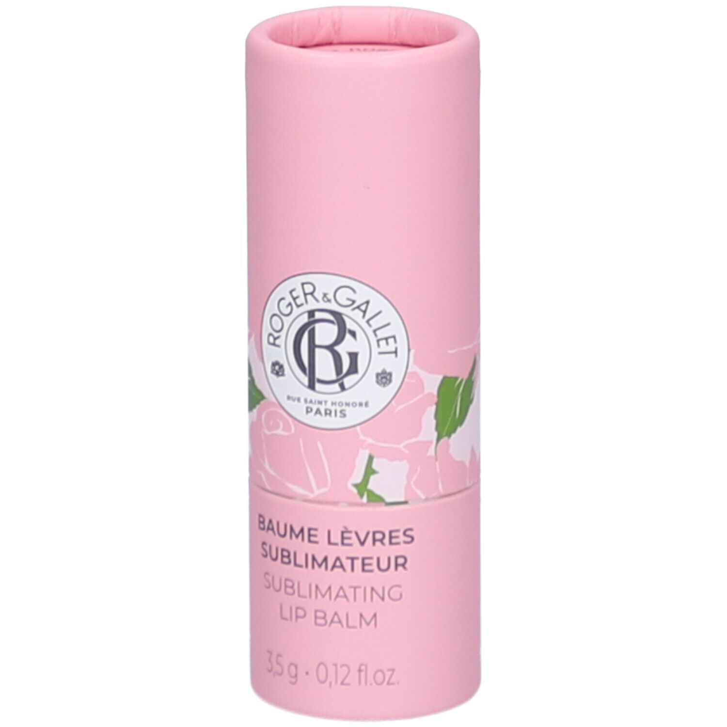 Rosa zylindrische Verpackung. Aufschrift: Roger&Gallet, Baume Lèvres, 3,5g. Rosen-Dekor.