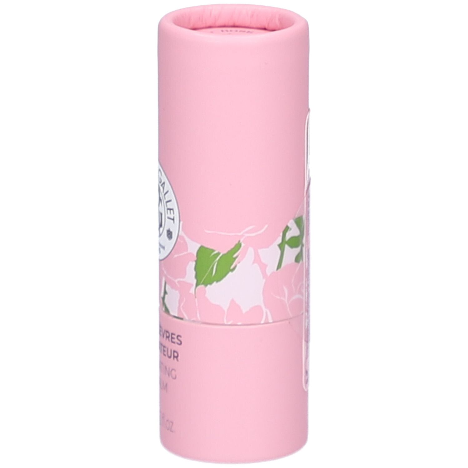 Rosa zylindrische Verpackung. Aufschrift: Roger&Gallet, Baume Lèvres, 3,5g. Rosen-Dekor.