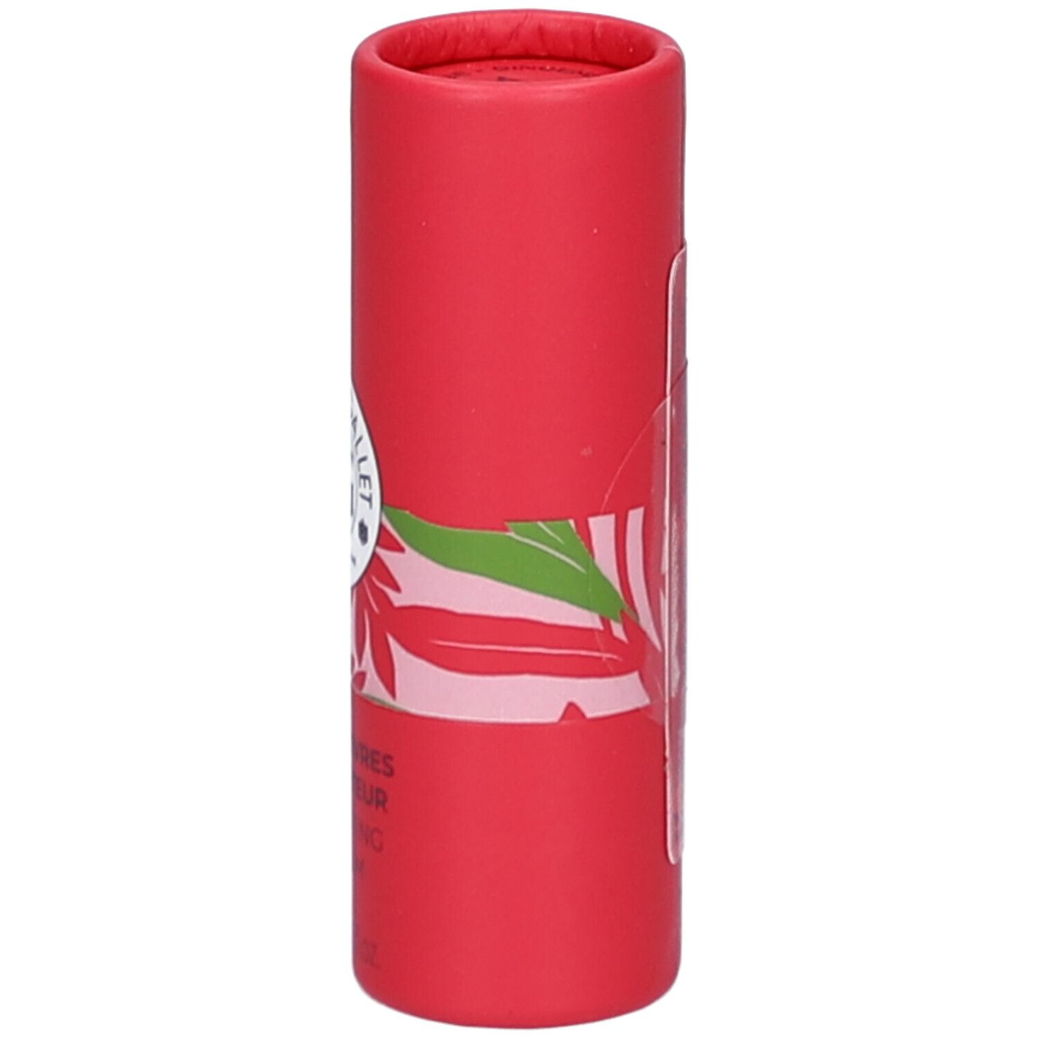 Emballage cylindrique rouge. Inscription: ROGER & GALLET, Baume Lèvres. Visible: Logo et imprimé floral.